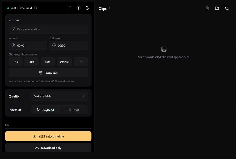 The YEETingus window: a video link, in and out points, quality and insert-at controls, the amber YEET into timeline button, and a clip history on the right.